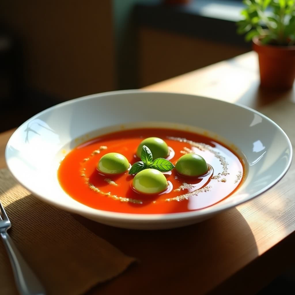 Sopa de Tomate y Albahaca con Esferas de Aguacate: Receta Gourmet Sin Lácteos