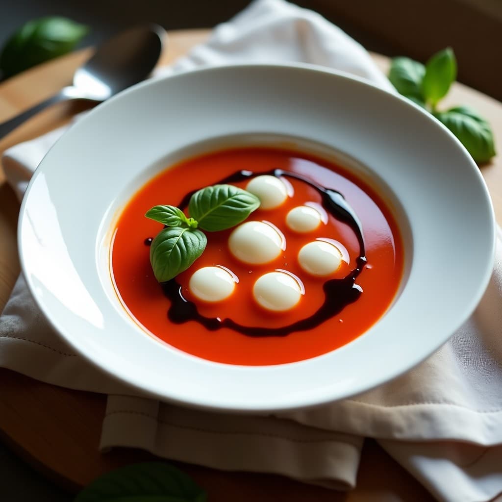 Sopa de Tomate y Albahaca con Esferas de Mozzarella de Búfala: Receta Italiana Molecular Sin Gluten