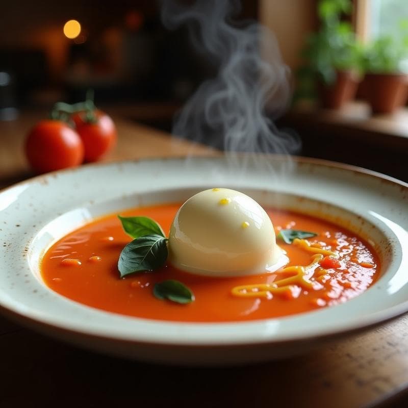 Sopa de Tomate y Albahaca con Helado de Cuajada: Receta Española Fría-Caliente