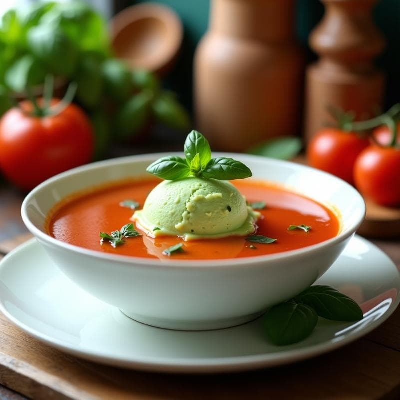 Sopa de Tomate y Albahaca con Helado de Albahaca: Receta Italiana Fría y Sorprendente