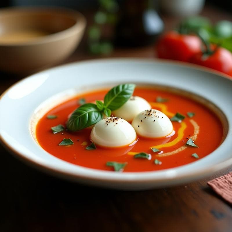 Sopa de Tomate y Albahaca con Bolas de Mozzarella de Anacardos: Receta Vegana y Cremosa
