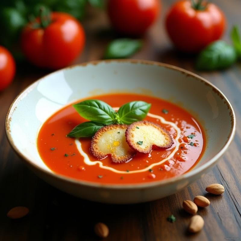 Sopa de Tomate y Albahaca con Crujiente de Queso Parmesano Vegano: Receta Italiana en Olla Express