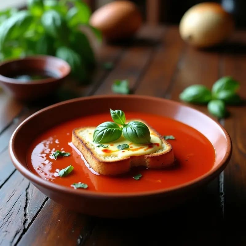 Sopa de Tomate y Albahaca con Queso de Cabra Gratinado: Entrante Francés Cremoso y Ligero