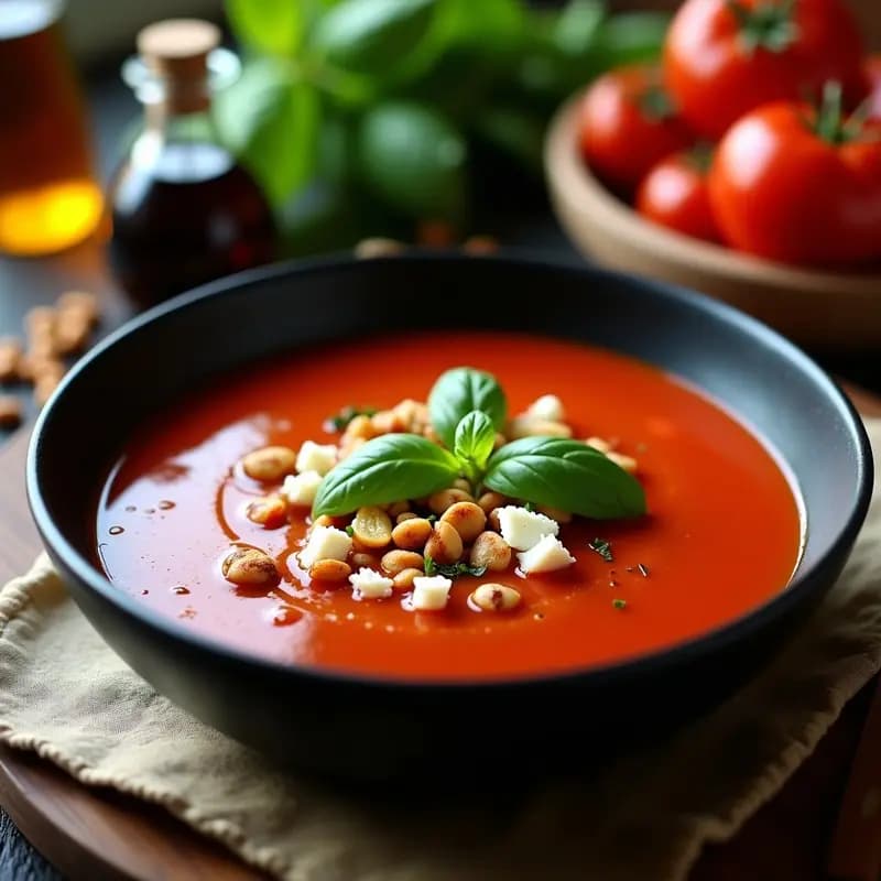 Sopa de Tomate y Albahaca con Toppings de Queso de Cabra y Piñones: Receta Italiana Gourmet