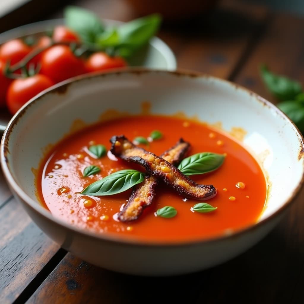 Sopa de Tomate y Albahaca con Tocino Crujiente de Hongos Shiitake: Receta Vegana Gourmet