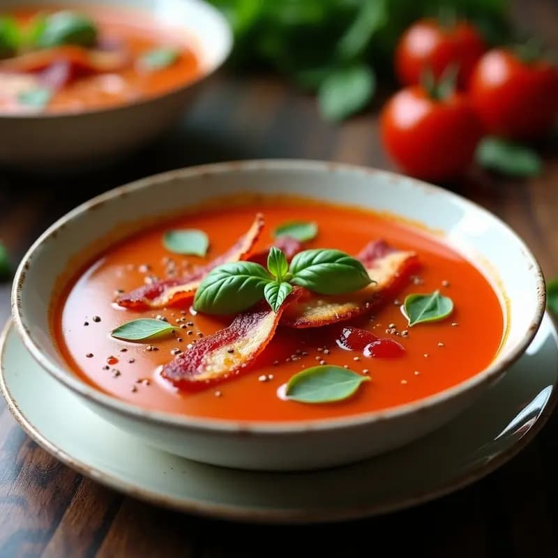Sopa de Tomate y Albahaca con Tocino de Pavo: Receta Italiana Keto y Sin Lactosa