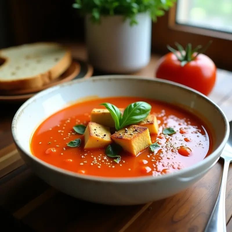 sopa de tomate y albahaca con tofu ahumado: Receta Italiana Vegana en Airfryer