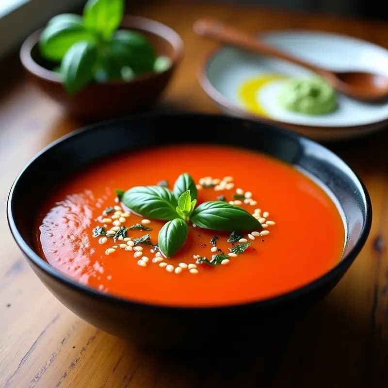Sopa de Tomate y Albahaca con Toque de Wasabi: Receta Japonesa Fusión Sin Lácteos