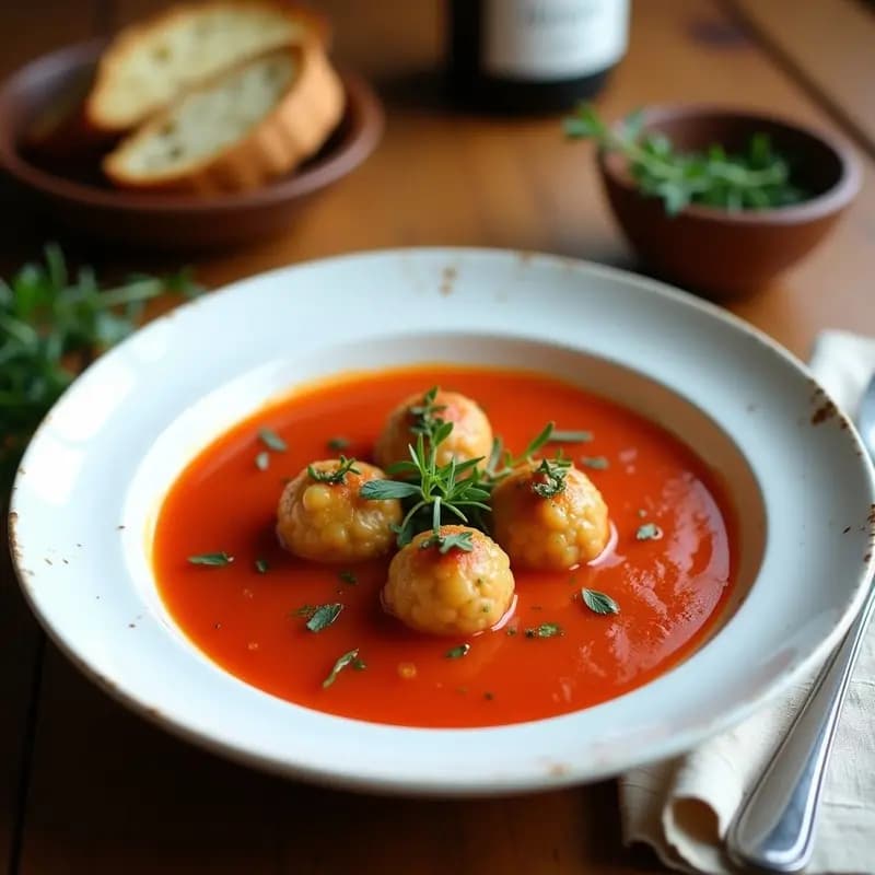 Sopa de Tomate con Albóndigas de Garbanzos y Hierbas Provezaes: Receta Mediterránea Vegana