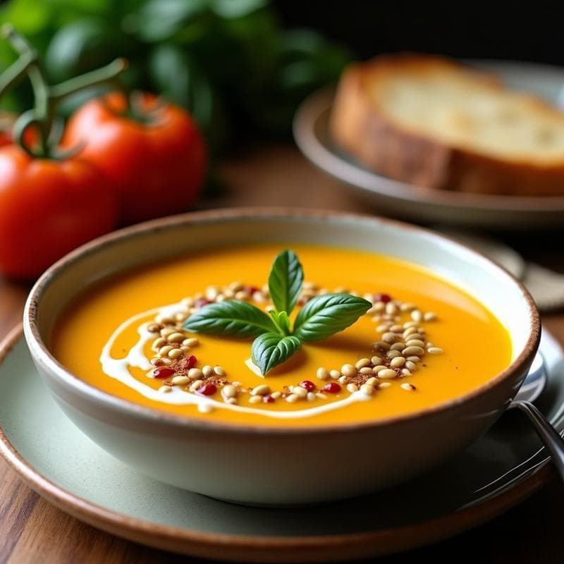 Sopa de Tomate Amarillo y Pimentón Ahumado con Crujiente de Semillas: Receta Peruana Vegana