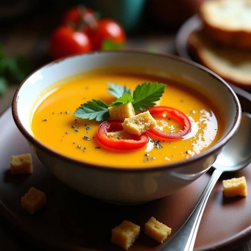Sopa de Tomate Amarillo y Pimientos Asados con Crutones de Quinoa: Receta Peruana Sin Lactosa