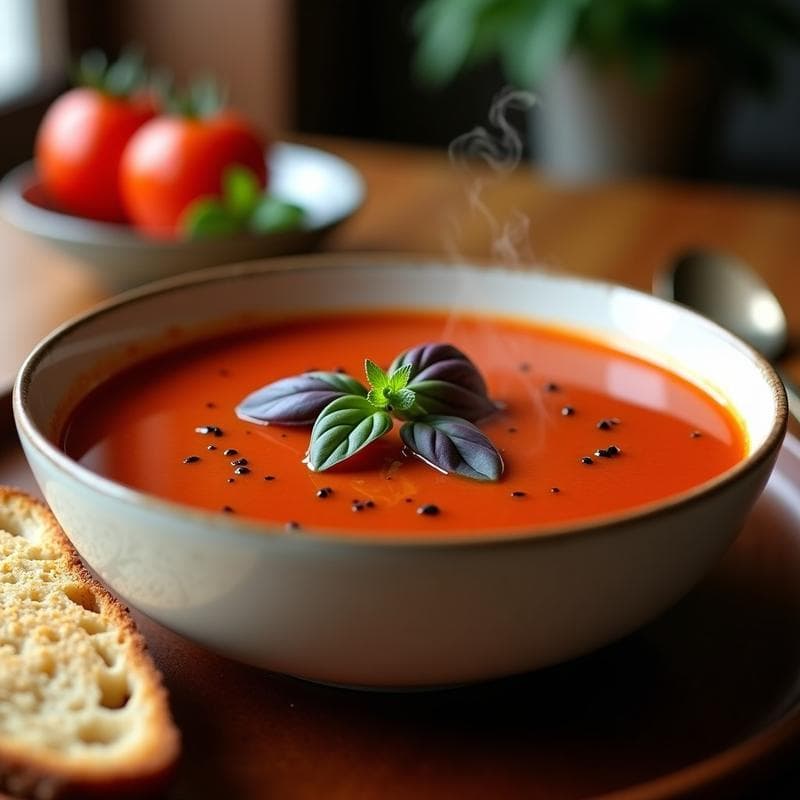 Sopa de Tomate Asado y Albahaca Morada: Receta Italiana en Olla Express con Toque Vibrante
