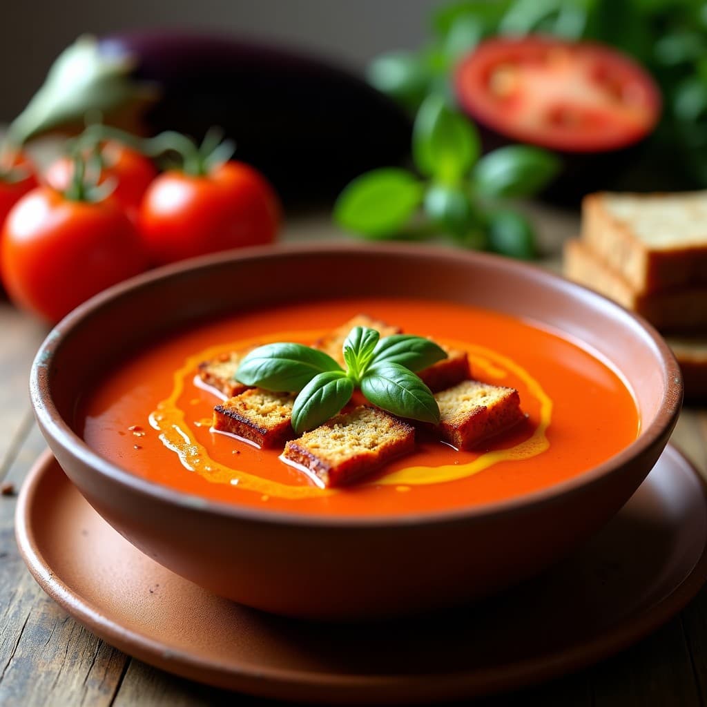 Sopa de Tomate Asado y Berenjena con Crutones de Pan de Trigo Sarraceno: Receta Vegana Sin Lácteos
