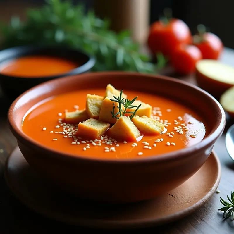 Sopa de Tomate Asado y Pimientos Ahumados con Crutones de Pan de Garbanzo: Receta Sin Gluten