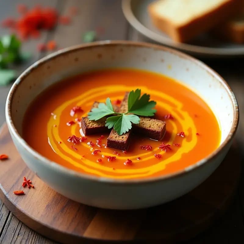 Sopa de Tomate y Azafrán con Croutons de Pan de Centeno: Receta Iraní Reconfortante