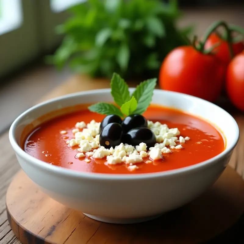 Sopa de Tomate Frío con Sorombera de Queso Feta y Aceitunas: Gazpacho Griego Reconfortante
