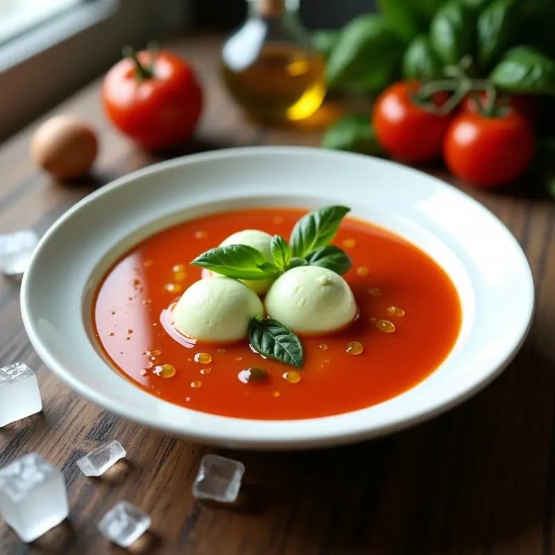 Sopa de Tomato Gazpacho con Helado de Albahaca: Entrante Español Frío y Refrescante