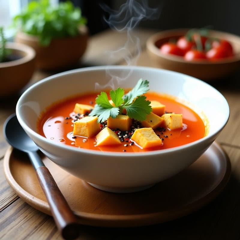 Sopa de tomate y jengibre con trozos de tofu: receta china detox en 20 minutos