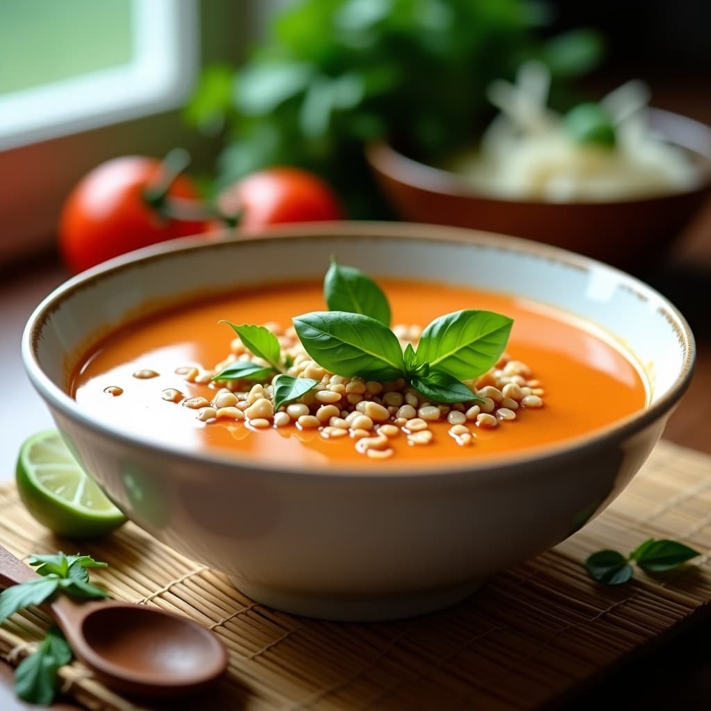 Sopa de Tomate Kaffir con Albahaca Talesa: Receta Tailandesa Vegana Refrescante