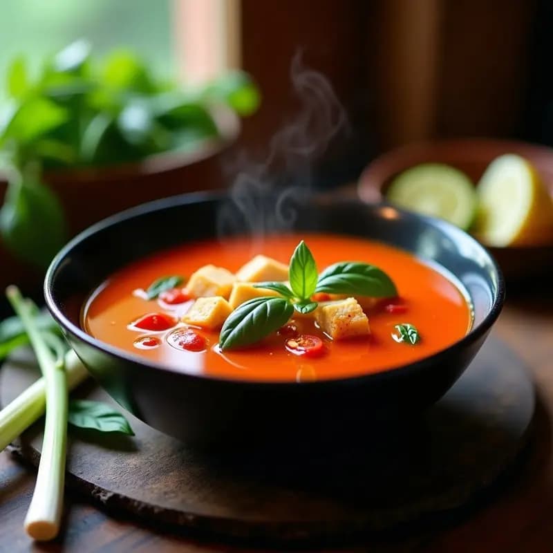 Sopa de Tomate Tailandesa con Lemongrass y Albahaca: Receta Vegana Picante y reconfortante