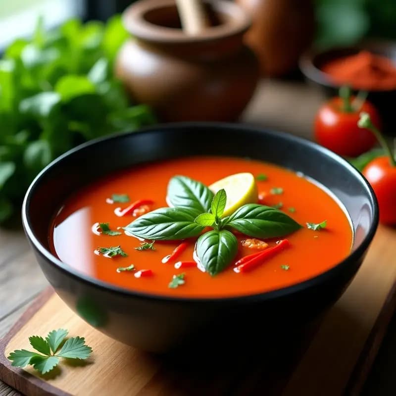 Sopa de Tomate tailandesa con Albahaca Sagrada y Limoncillo: Receta Picante y Aromática