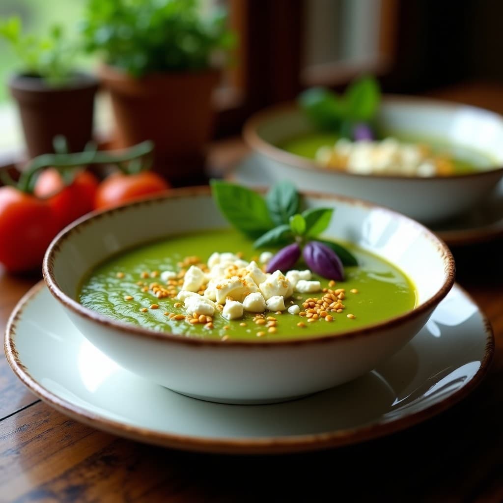 Sopa de Tomate Verde y Albahaca con Topping de Queso Feta Vegano: Receta Mexicana Rápida
