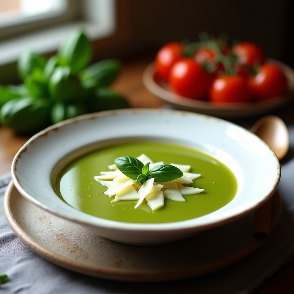 Sopa de Tomate Verde y Albahaca con Virutas de Queso Pecorino: Receta Italiana Sin Lácteos