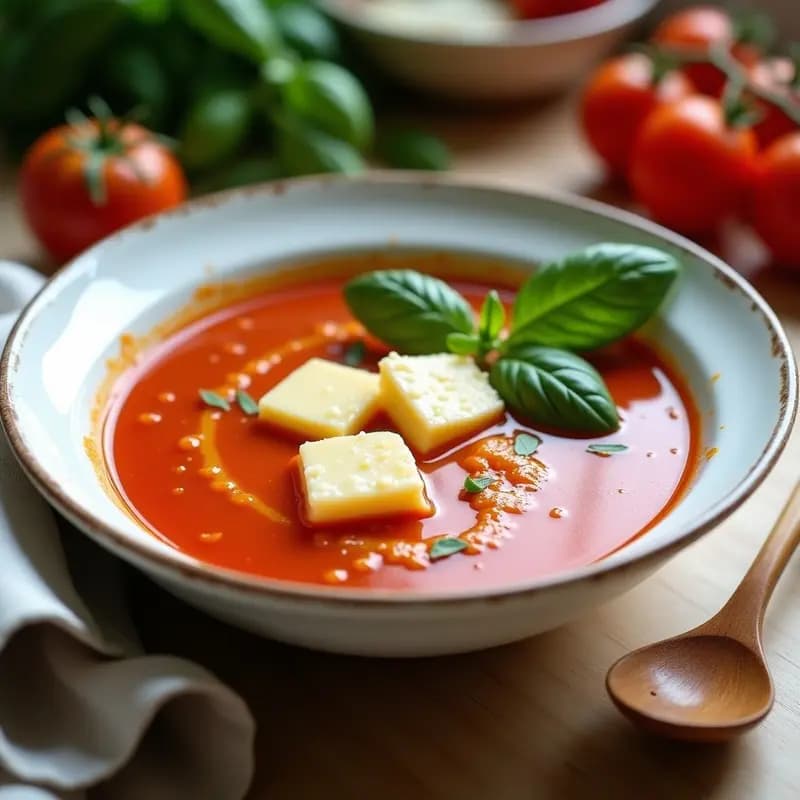 Sopa de Tomates y Albahaca con Queso Búfala: Receta Italiana Cremosa y Sin Gluten