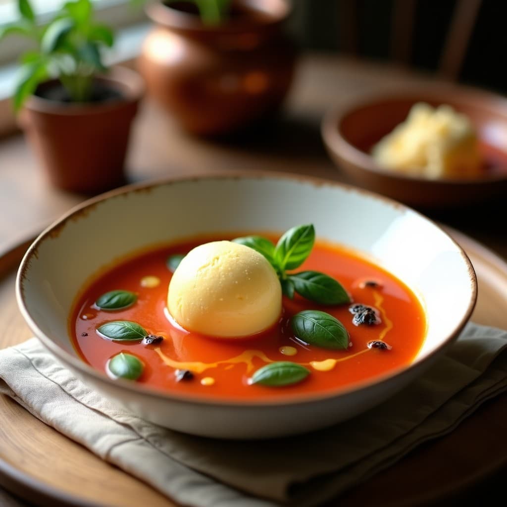 Sopa de Tomates Asados y Albahaca con Helado de Parmesano: Receta Italiana Gourmet