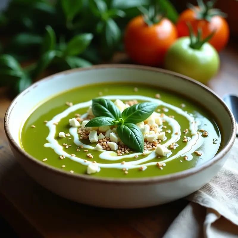 Sopa de Tomates Verdes con Albahaca y Queso Feta: Receta Griega Ligera en 20 Minutos