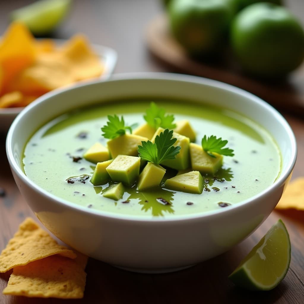 Sopa de Tomatillo y Aguacate con Tortilla Chips: Receta Mexicana Sin Lácteos y Fresca