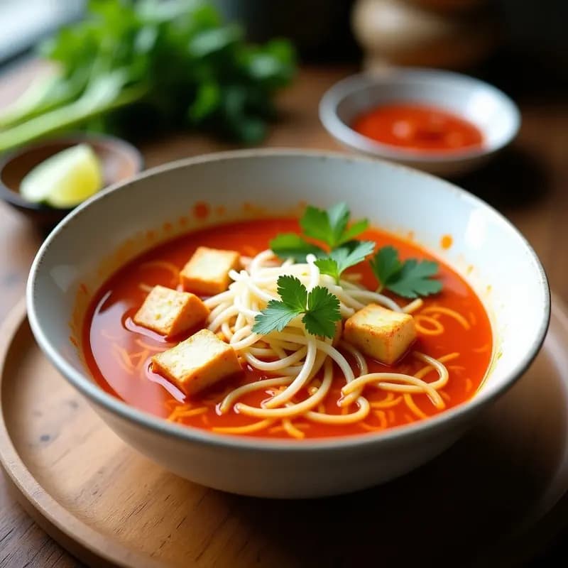 Sopa de Tomato Kway Teow: Receta de Fideos Malasia Vegana con Tofu y Brotes de Soja