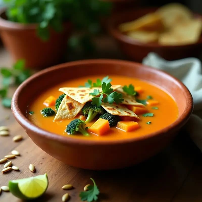 Sopa de Tortilla de Brócol y Calabaza: Receta Mexicana Vegana y Sin Huevos