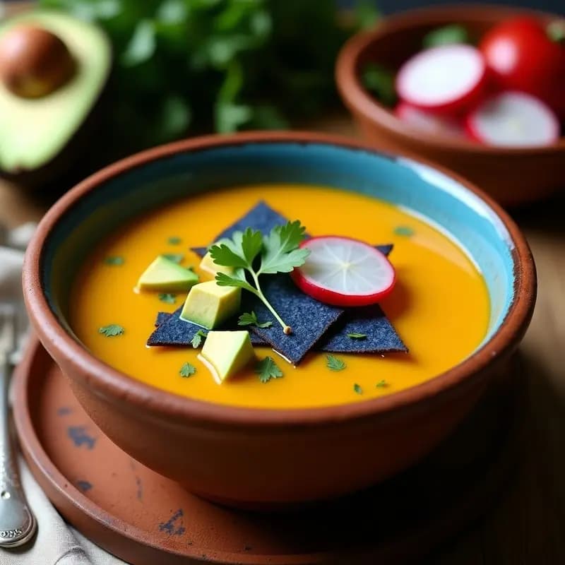 Sopa de Tortilla de Maíz Azul con Aguacate: Receta Mexicana Vegana y Sin Gluten