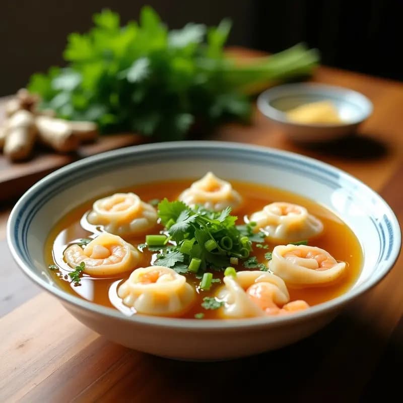 Sopa de Wonton con Gambas y Cilantro: Receta China reconfortante y ligera