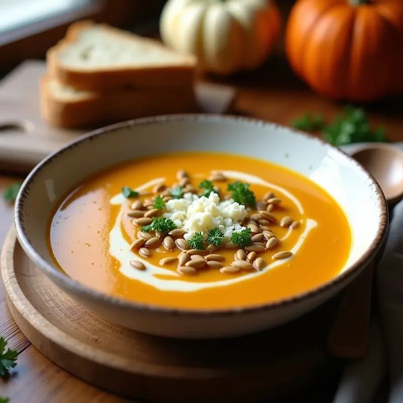 Puisor Ćurka: Sopa Croata de Zapallo y Queso Fresco con Semillas de Calabaza
