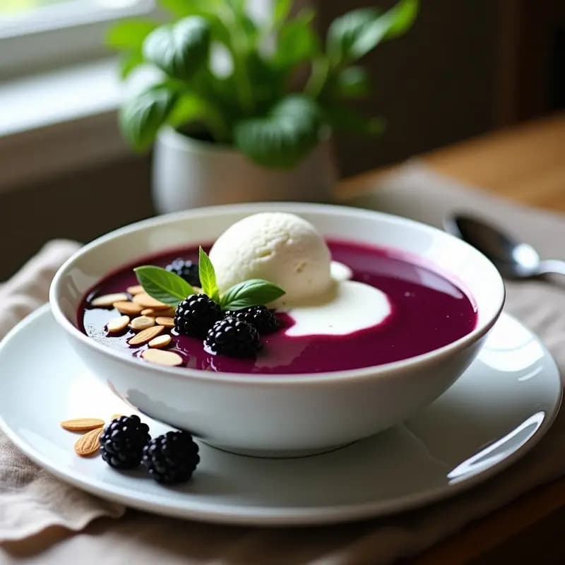 Sopa de Zarzamora y Albahaca con Helado de Yogur Griego: Receta Italiana Dulce-Salada