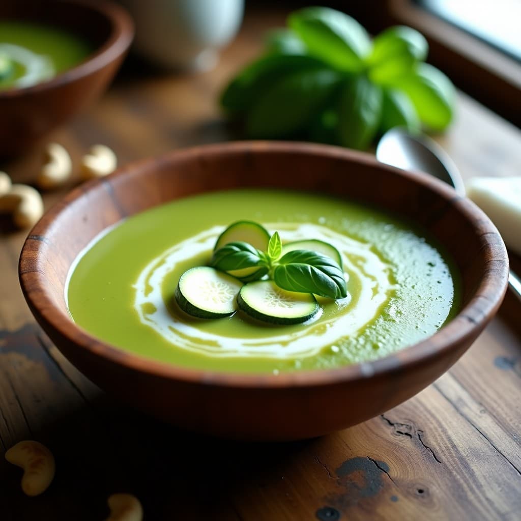 Sopa de Zucchini y Albahaca con Crema de Anacardos: Receta Americana Vegana y Cremosa
