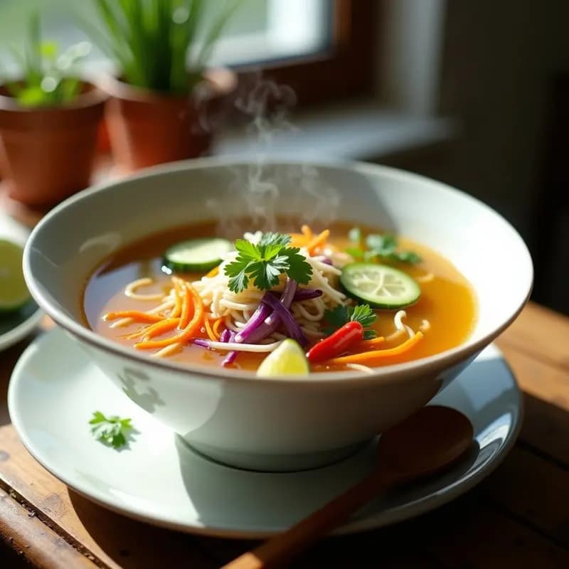 Soparindo: Sopa de Fideos Indonésica con Caldo de Tamarindo y Verduras Crujientes