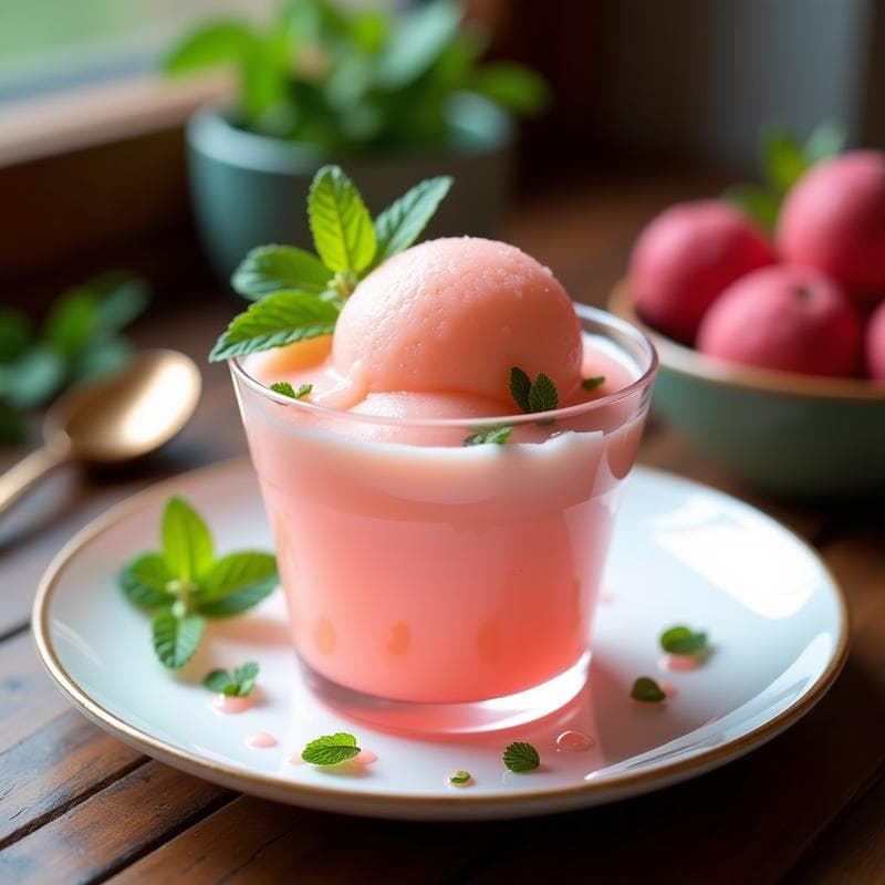 Sorbete de Lichi y Rosa con Hojitas de Mentas: Postre Chino Refrescante y Sin Lácteos