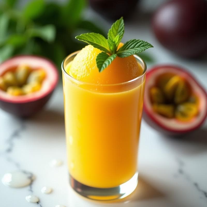 Sorbete de Maracuyá y Mango con Hoja de Hierbabuena: Postre Tropical Sin Lácteos