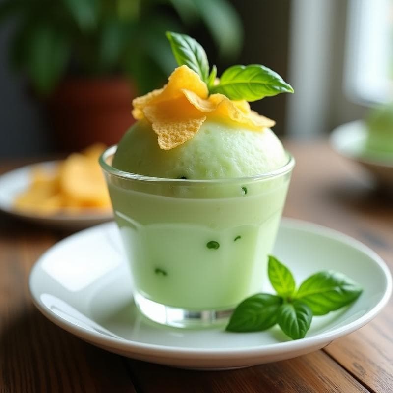 Sorbete de Pepino y Albahaca con Chips de Parmesano: Postre Italiano Refrescante en 10 Minutos