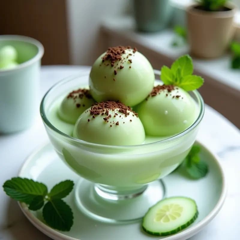 Sorbete de Pepino y Verde de Hierbabuena con Virutas de Chocolate 85%: Postre Libanés Sin Azúcar