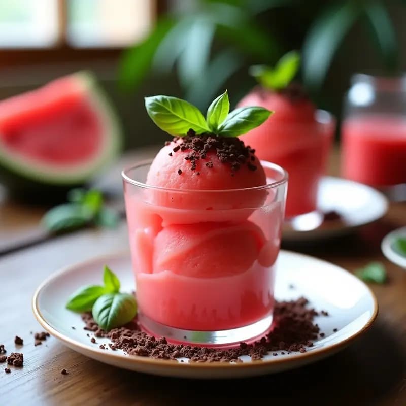 Sorbete de Sandía y Albahaca con Virutas de Chocolate Negro: Postre Italiano Refreshing