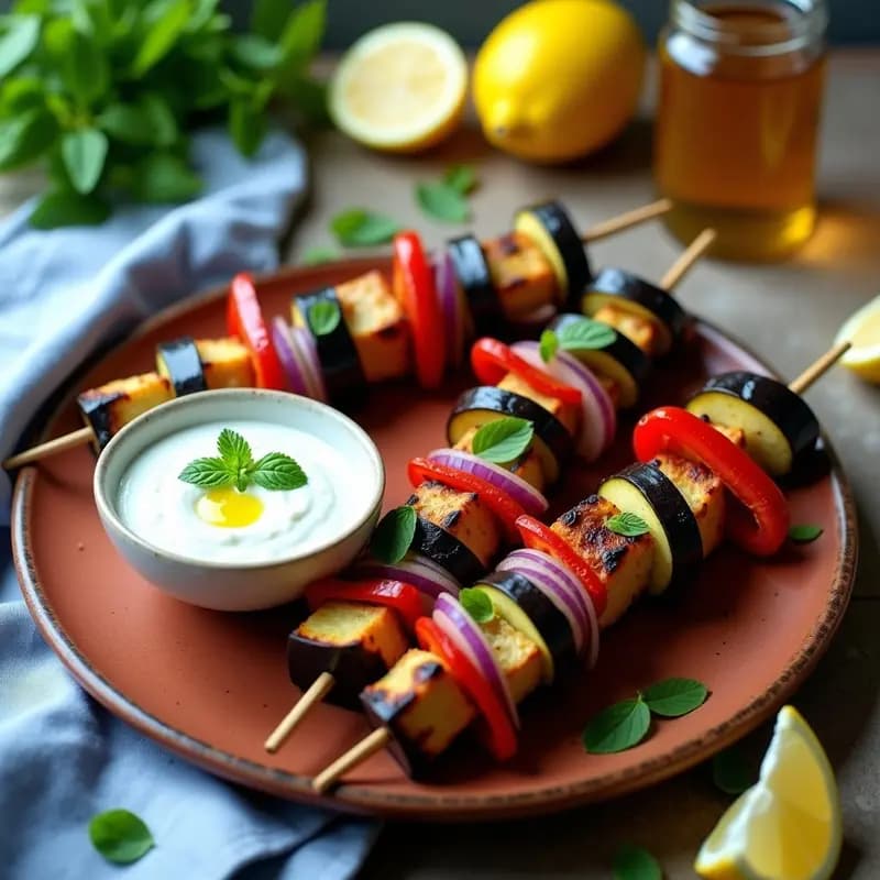 Souvlaki Griego de Berenjena y Pepino: Brochetas Veganas con Salsa Tzatziki