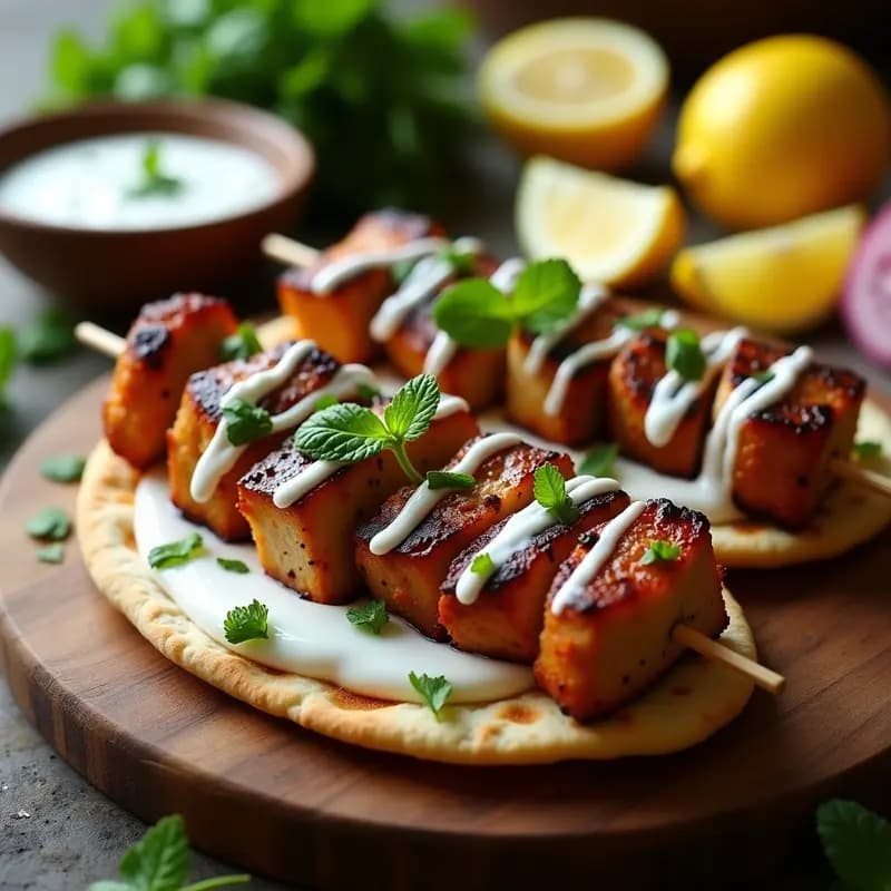 Souvlaki de Cerdo al Estilo Chipriota: Brochetas al Horno con Pita y Salsa de Yogur