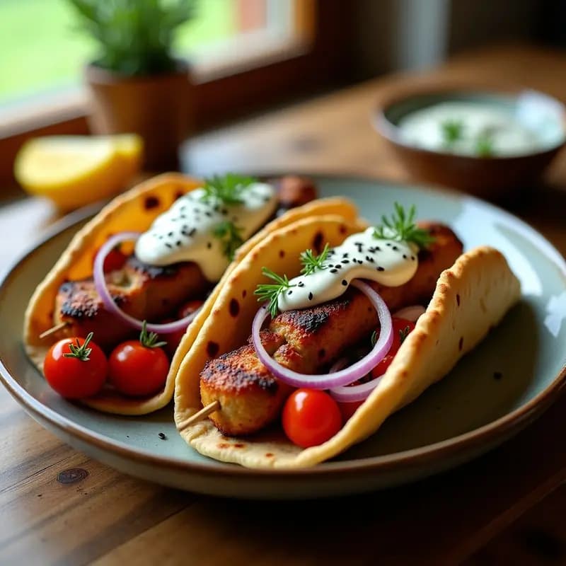 Souvlaki de Cerdo con Pita de Espelta: Brochetas Griegas en Airfryer con Salsa Tzatziki