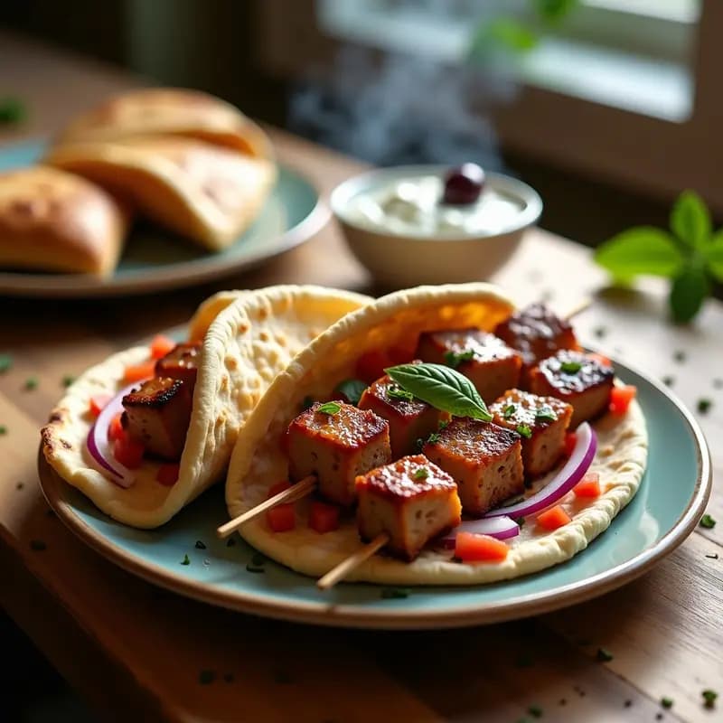 Souvlaki de Cerdo con Tzatziki y Pita Integral: Receta Griega en Brochetas para Grill
