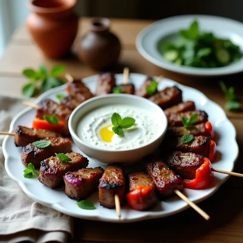 Souvlaki de Cordero con Tzatziki de Pepino Negro: Receta Griega Gourmet en Brocheta