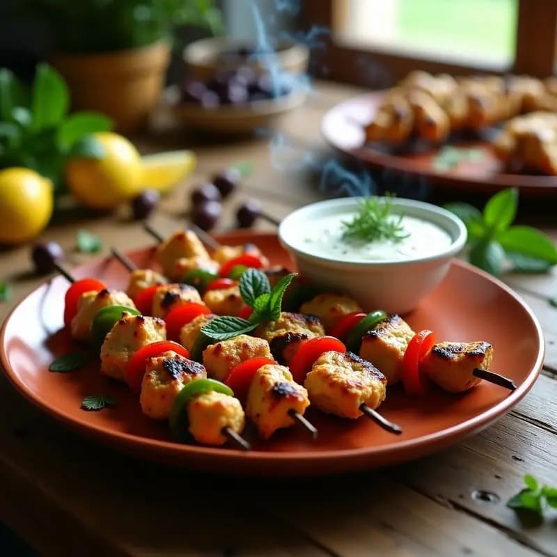 Souvlaki Griego de Pollo y Pimientos: Brochetas a la Parrilla con Tzatziki de Pepino